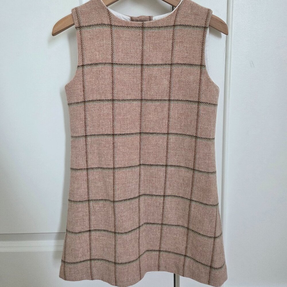 Papo d'anjo beige wool pinafore dress check plaid green size 4